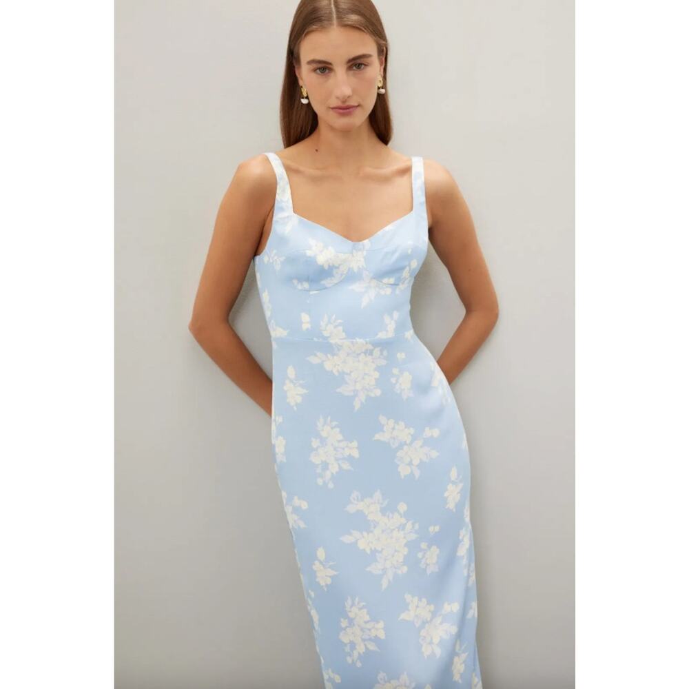 Reformation Pale Blue Floral Midi Dress with Cream Accents